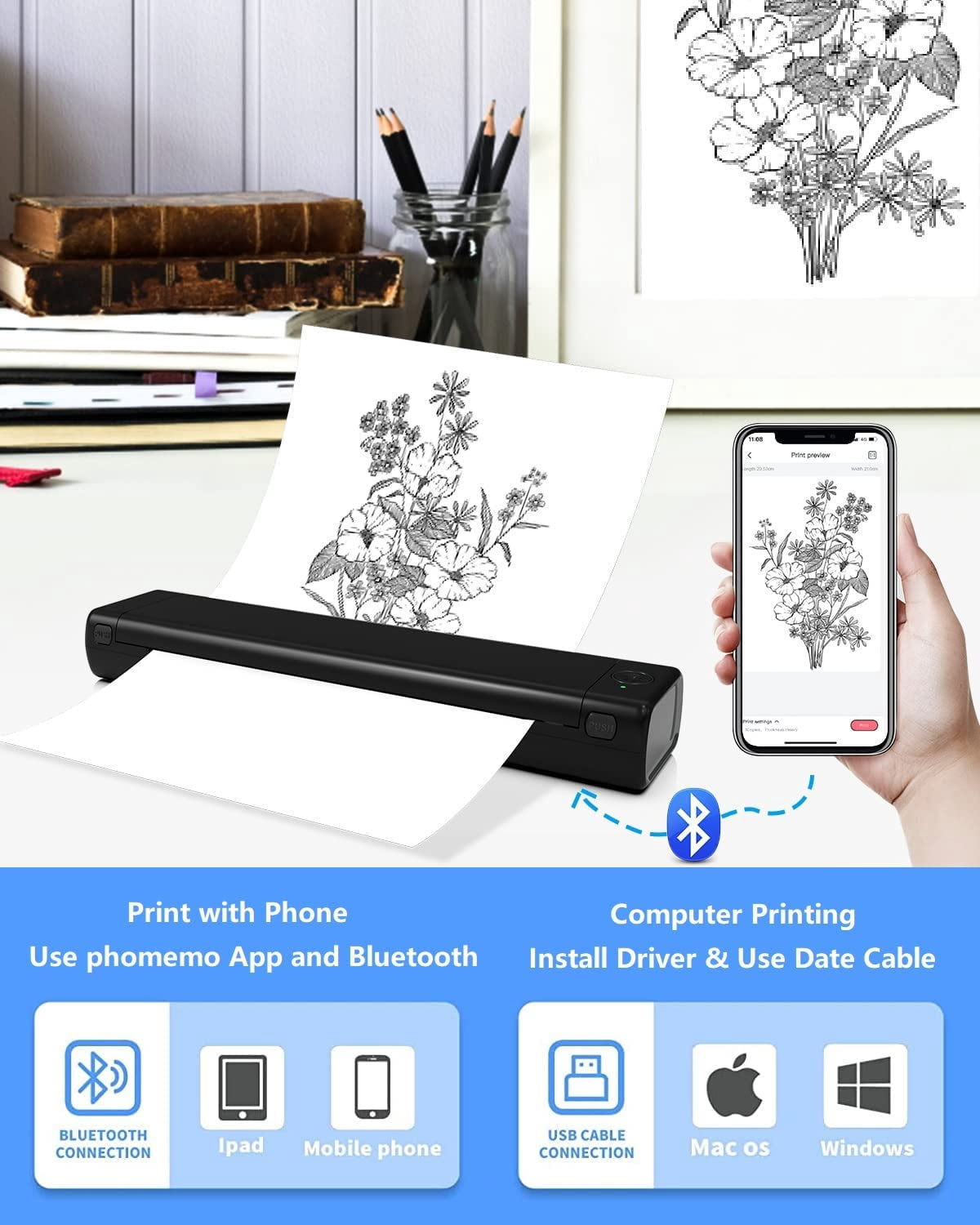 Phomemo M08F Portable Printer Wireless Thermal Printer for Travel, Support 8.5" X 11" Thermal Paper, Bluetooth Inkless Printer Compatible with Android iOS Phone & Laptop（Black）