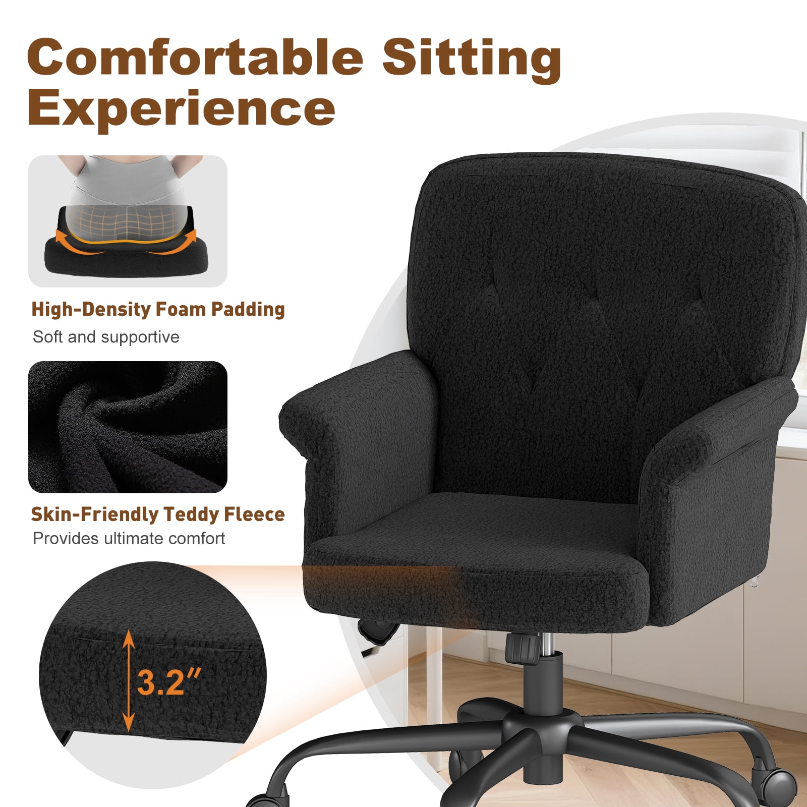 Home Office Chair Mid-Back Upholstered Tufted Computer Task Chair Height Adjustable Swivel Accent Chair Black