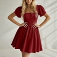 thumbnail image 2 of HJYCHN Women's Square Neck Puff Sleeve Short A-Line Casual Dress for Daily Outings Everyday Sophisticated Style Dress Red M, 2 of 4