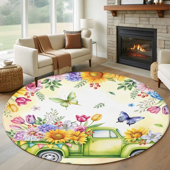 Spring Truck Flowers Round Area Rug 5Ft Washable Circle Rugs for Living Room Bedroom, Watercolor Floral Butterflies Yellow Non-Slip Carpet Floor Mats Indoor Outdoor Carpet Runner Aesthetic Home Decor