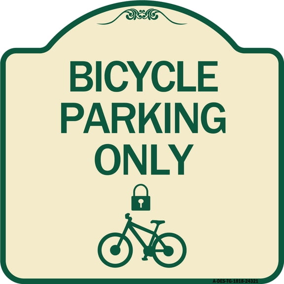 SignMission Designer Series Sign - Bicycle Parking Only (With Cycle and Lock Symbol | Tan & Green 18" X 18" Heavy-Gauge Aluminum Architectural Sign | Made in the USA