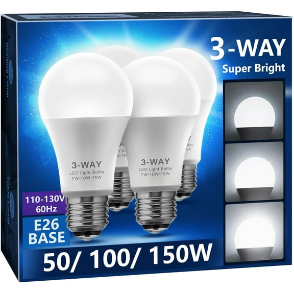 CERPXFF-3 Way LED Light Bulbs, 3 Way Light Bulbs 50 100 150W Equivalent Daylight 5000K A19 Light Bulbs E26 Base, Three Way Light Bulbs Indoor 3-Way Light Bulbs for Reading, 4 Pack