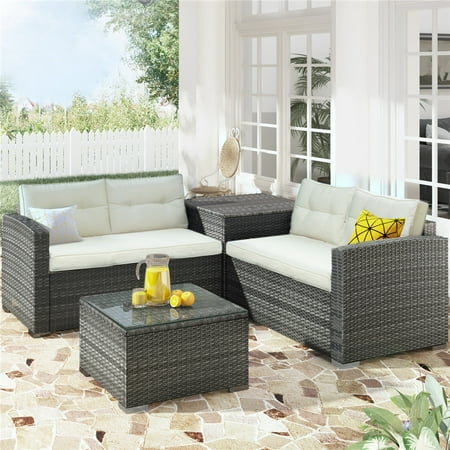 Wicker Patio Furniture Set 4 Piece Outdoor Conversation Set with Storage Box Coffee Table 2 Sofas PE Rattan Wicker Sectional Sofa Set with Beige Cushions for Backyard Porch Garden L3588