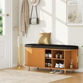 thumbnail image 6 of 2-Tier Storage Bench,Wide Shoe Bench with Thickened Padded Seat Cushion, Mid Century Modern Fluted Sliding Door and Adjustable Shelf, for Entryway, Living Room, Bedroom (Yellow Walnut, 43.3“), 6 of 7