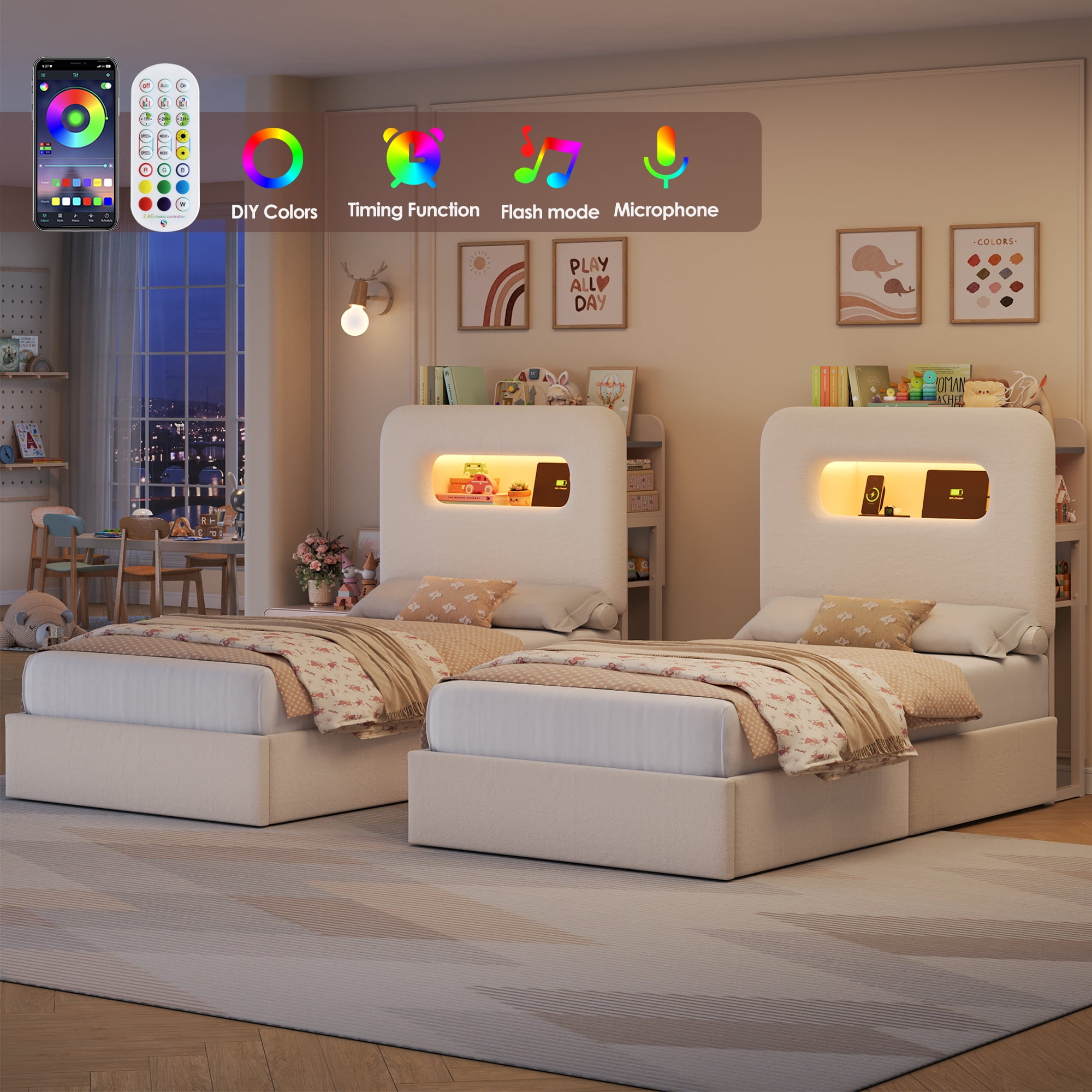 Homfa Twin Size Velvet Upholstered Bed with LED Lights & 2 Drawers, Storage Headboard Platform Bed Frame with USB Ports & Outlets, Off-White
