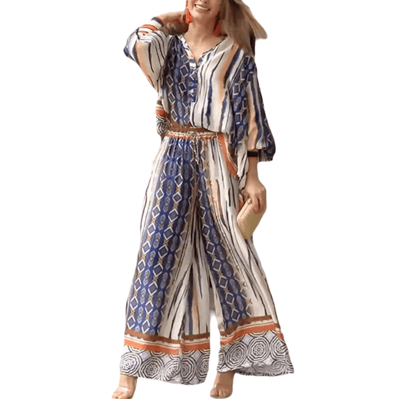 Eternatastic 2 Piece CasualOutfit for Women Long Sleeve Button Down Shirt Flare Pleated Wide Leg Pants Sets Streetwear