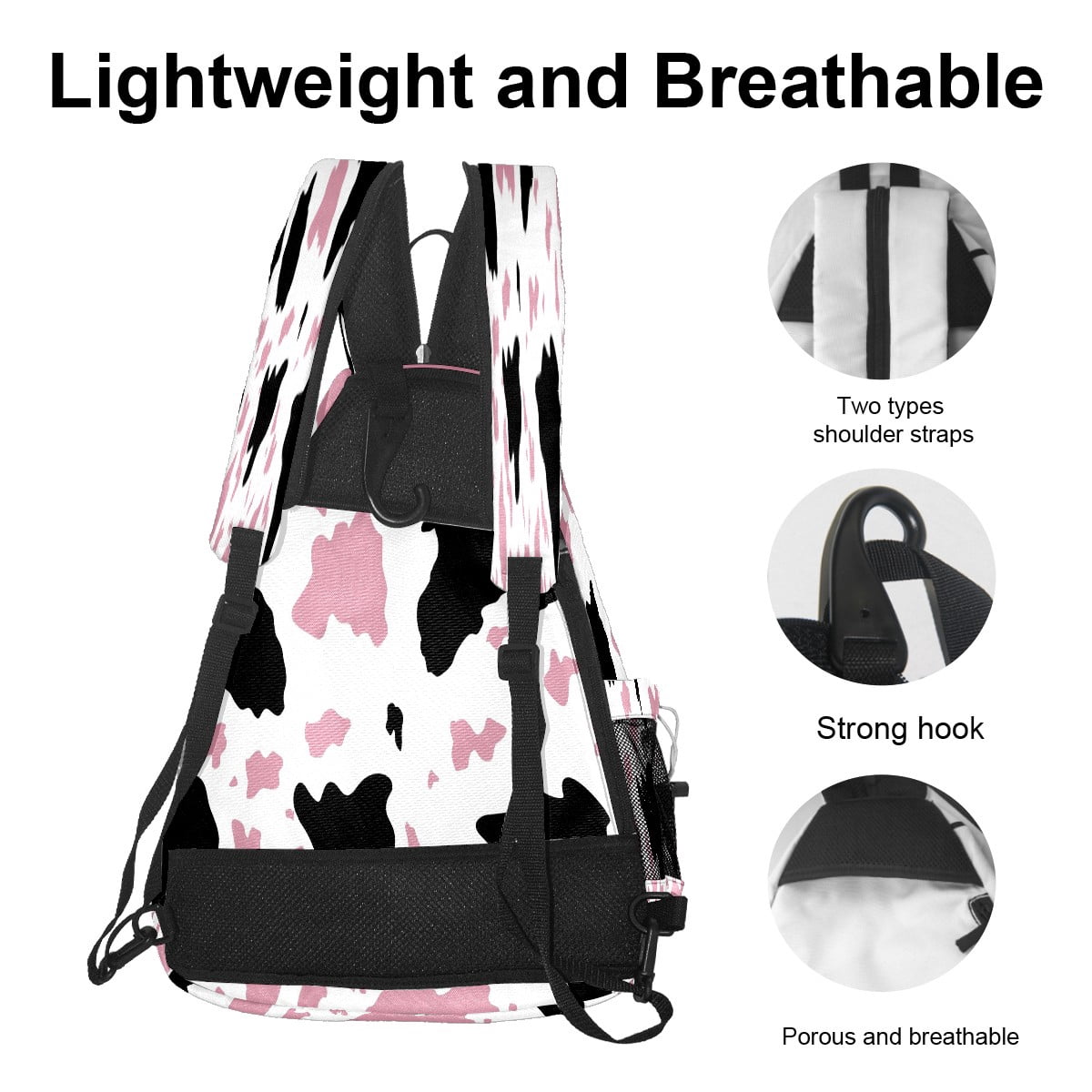 Pickleball Bags for Men Women Pickleball Backpack with Large Capacity Lightweight Adjustable Pickleball Sling Bag Hold Paddles, Balls, Accessories Funny Cow Print Pink Black