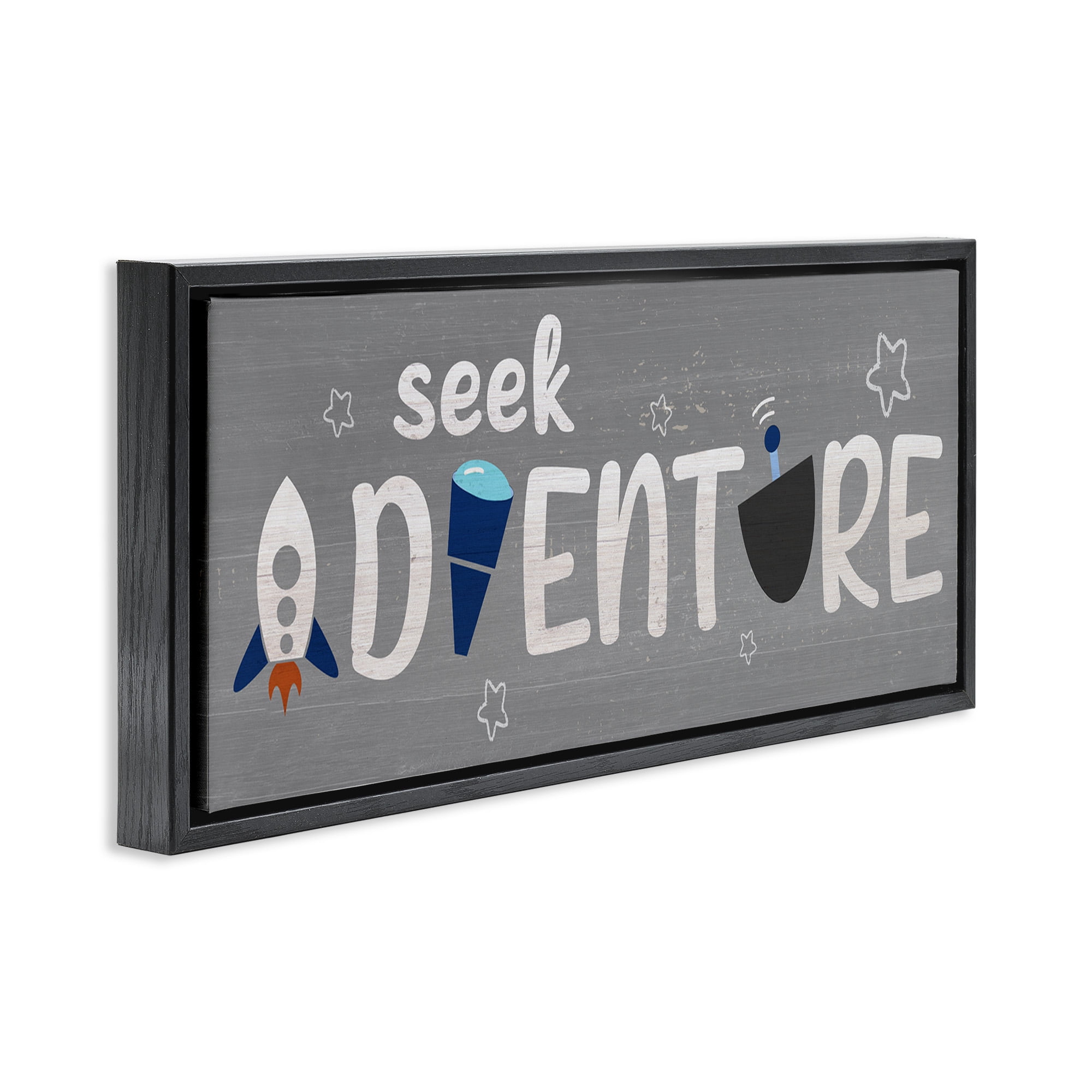 Stupell Industries Seek Adventure Imagination Sentiment Art for Kids Painting Black Floater Framed Canvas Art Print Wall Art, 31 x 14