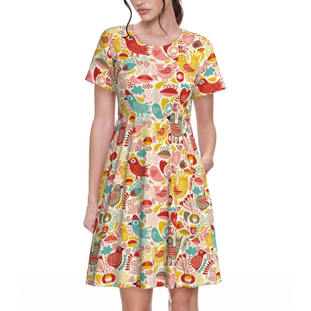Balery Colorful Chicken Vestidos sueltos de manga corta para mujer, vestidos de verano 2025, vestidos casuales de corte A con vuelo.