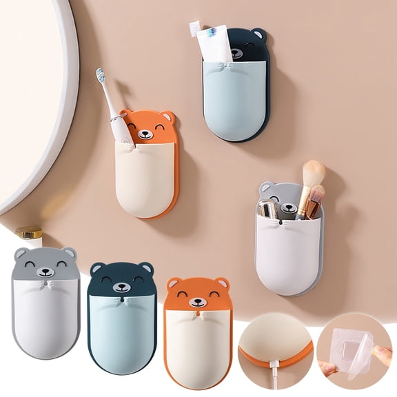 Kuroiy Bear Toothbrush Holder Wall Mounted | Bathroom Draining Storage Rack | No Drill Organizer | Cute Decorative Animal Shape | Compact 11x8cm Household Bedside Box | Moisture Resistant