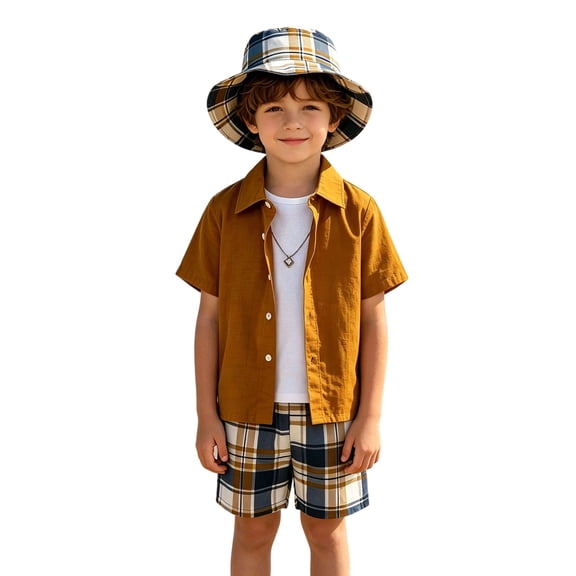 Boys Outfits 2 Piece Loose Solid Print Lapel Short Sleeve Button Shirt Top And Shorts Casual Wear Boys' Clothing Sets Size 3-4 Years