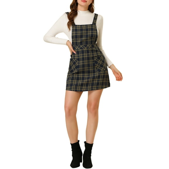 Allegra K Women's Plaid Button Decor A-Line Pinafore Overall Dress