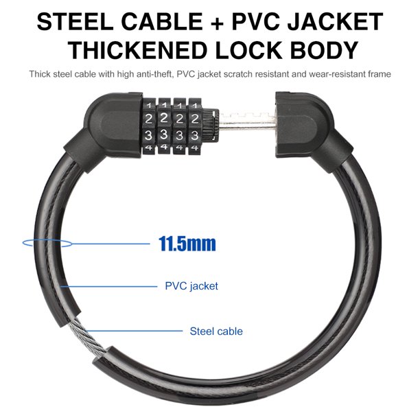 Candado de bicicleta Candados de cable de seguridad MTB Antirrobo Contraseña de 4 dígitos Negro JShteea Accesorios para bicicletas