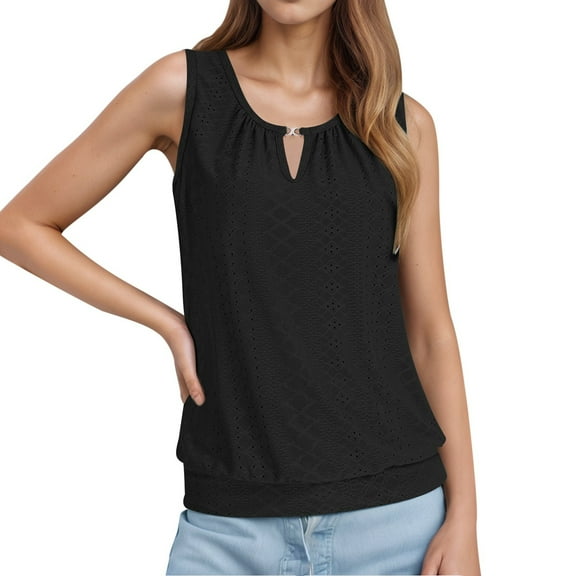 Women Summer Tops Ladies Fashion Casual Court Lock Round Neck Sleeveless Vest T Shirt Top Workout Crop Band 1 Blank Tops for Printing Compression Top Womens Women Bulk Girl Casual for Black S
