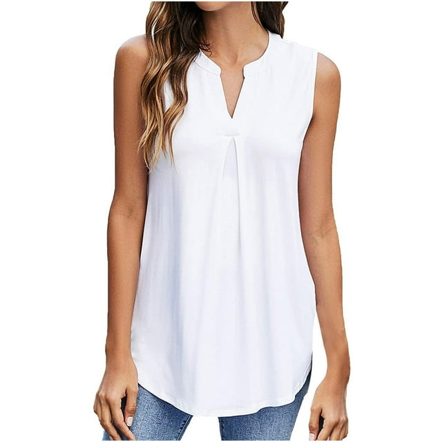 Pompotops T-shirt Sans Manches Décontracté Mode Rayé Col en V pour Femme Été