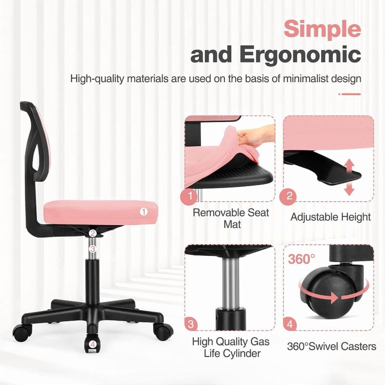 Beddle Armless Office Chairwith Lumbar Support, Low-Back Ergonomic Swivel Mesh Desk Chair, Comfortable Seat for Home Office or Study, Pink