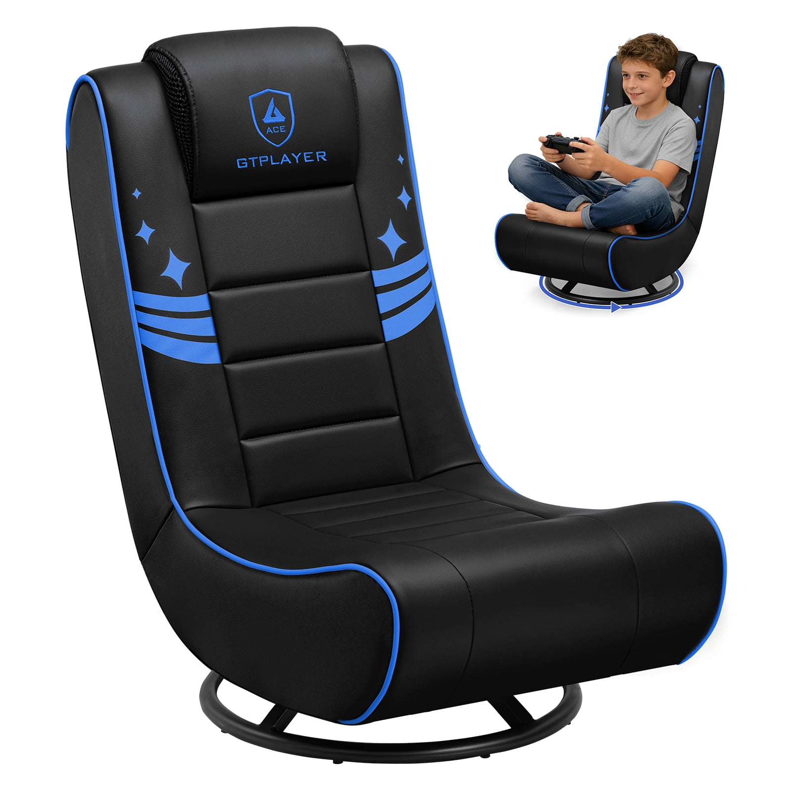 GTPLAYER Swivel Floor Gaming Chairs with Foldable Backrest for Teens, Black&blue
