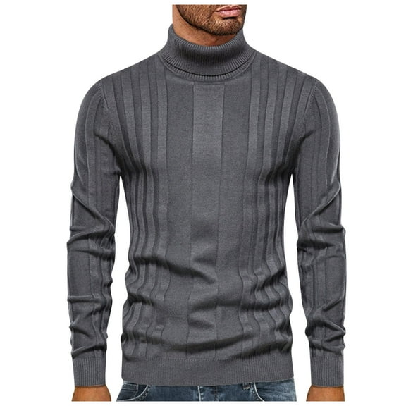 TFEOQRY Men's Turtleneck Sweater Ribbed Stripe Pattern Knitted Long Sleeve Pullover Casual Fall Winter Warm Top Dark Gray