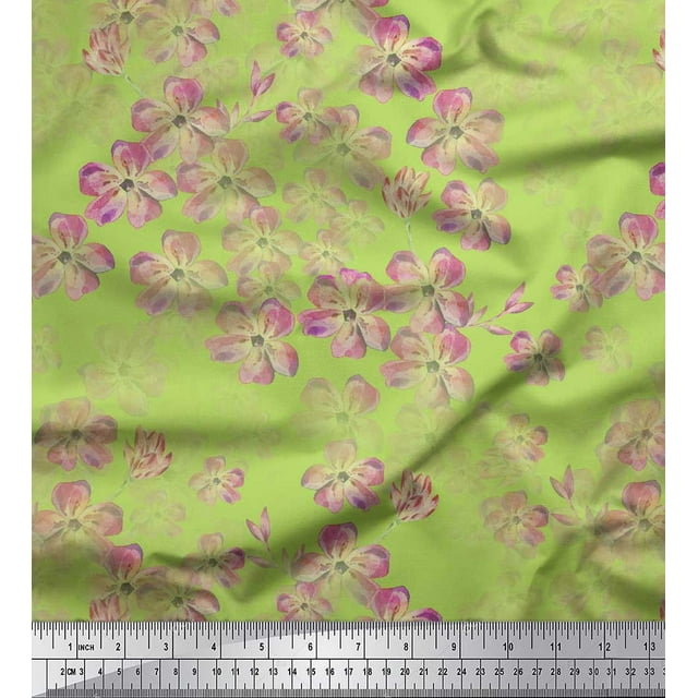 Soimoi Green Rayon Fabric Poppy Anemone Floral Print Fabric by the Yard 42 Inch Wide
