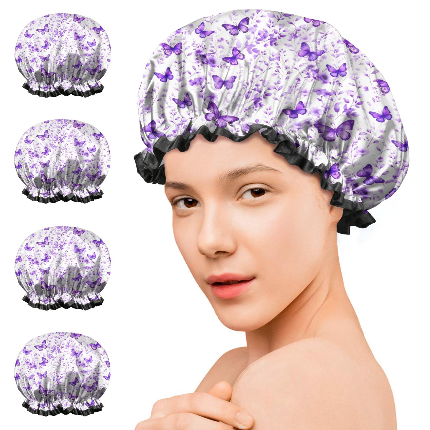 Shower Caps,White Purple Butterfly Flower Pattern Waterproof Shower Cap for Women 4 Pieces,Double Reusable Hair Cover for Shower PEVA Elastic Stretch Hem