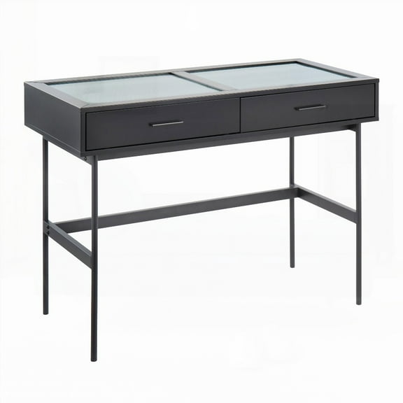 LumiSource's Black Wood and Black Steel Emery Console Table Having a Glass Top and Two Drawers