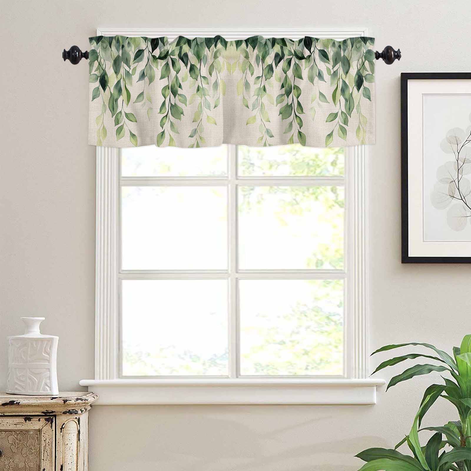 Rustic Leaf Kitchen Curtains Valances and Tiers Set of 3 Watercolor Sage Green Eucalyptus Leaves Linen Texture Tier Curtains and Valance for Kitchen Bathroom Small Windows 27.5"W x 36"L (Pack of 3)