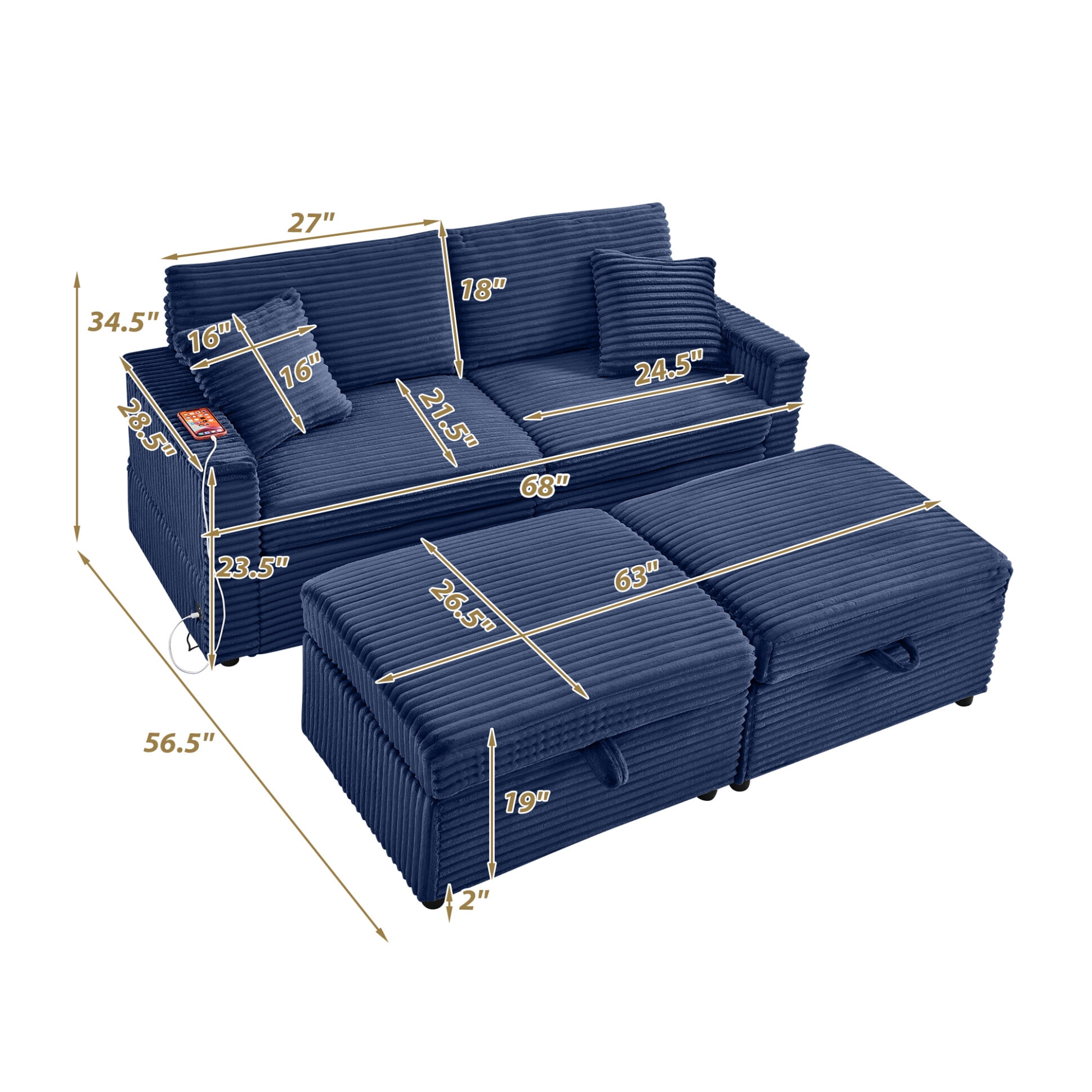 68" Double Chaise Lounges Indoor, Chenille Upholstered Loveseat Sofa Bed with Charging Station, Hidden Table Armrests and Storage Ottomans for Living Room, Blue