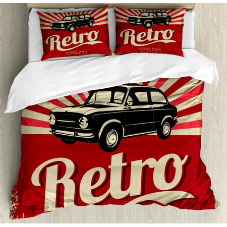 Cars Duvet Cover Set Retro Poster Design Nostalgic Black Car