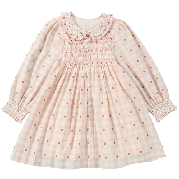 Girl's Hand-Embroidered Dress - Smocking and Lace Vintage Autumn Long Sleeve Clothing Kids Toddler Holiday Birthday Party