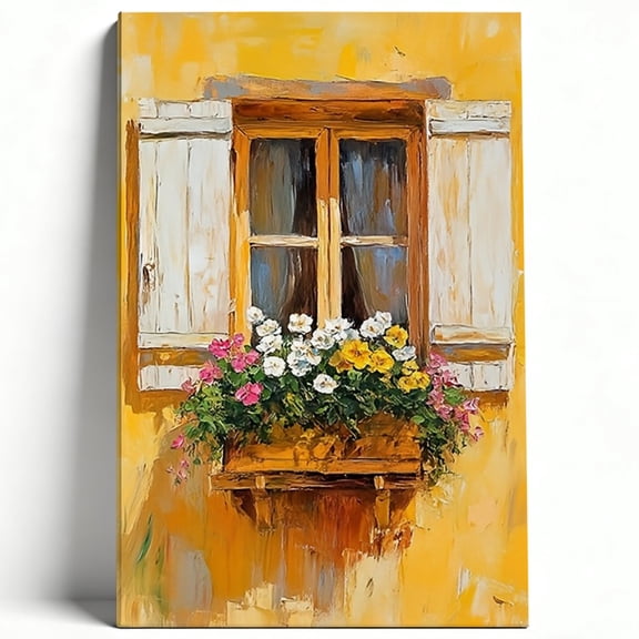 Rustic Country Window with Flower Box Canvas Wall Art Vibrant Impressionist Mediterranean House Painting Sunlit Yellow Wall Poster Living Room Kitchen Decor Print Ready to Hang 8*12