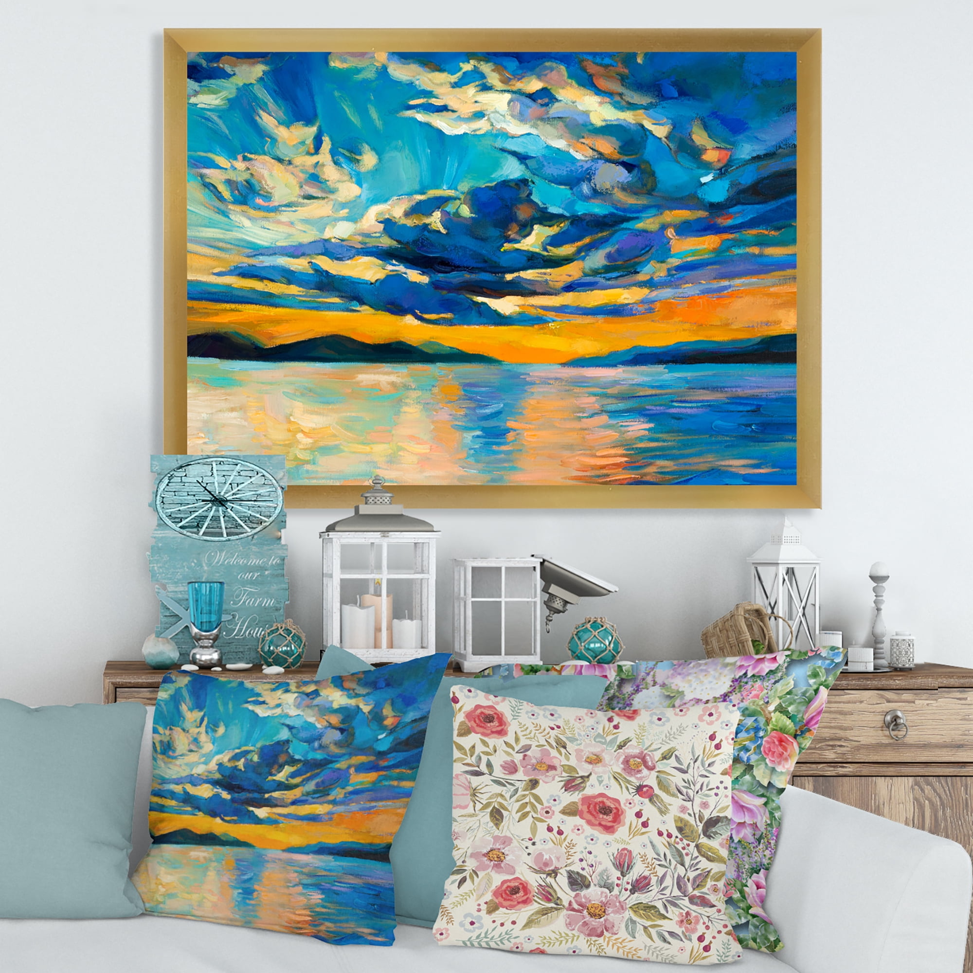 Designart 'Cloudy Sunset Over Wide Open Ocean Horizon' Nautical & Coastal Framed Art Print