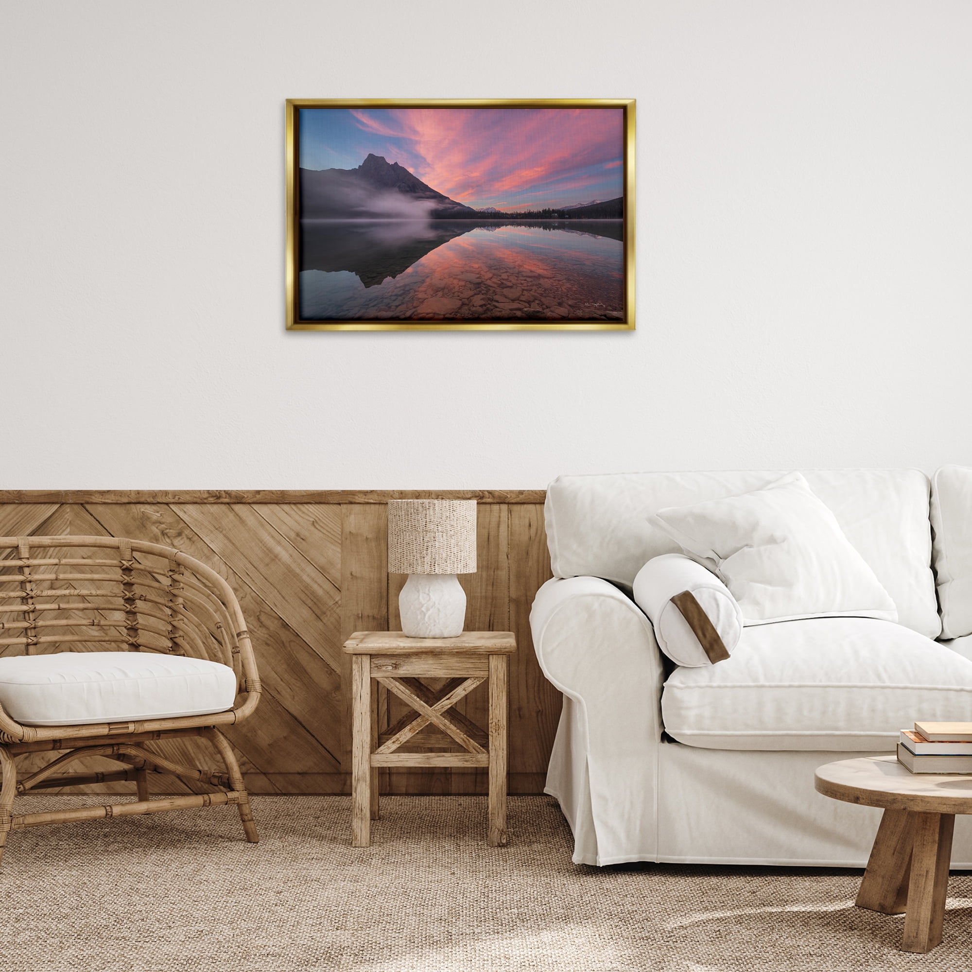 Stupell Industries Emerald Lake Sunset Landscape & Nature Photography Gold Floater Framed Canvas Art Print Wall Art, 31 x 21