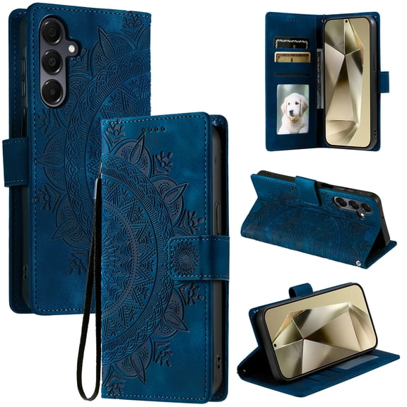 Flip Wallet Case for Samsung Galaxy A17 5G, Floral Pattern PU Leather Shockproof & Card Slots Full Body Protection Wrist Strap Kickstand Rugged Phone Cover for Galaxy A17 5G, Blue