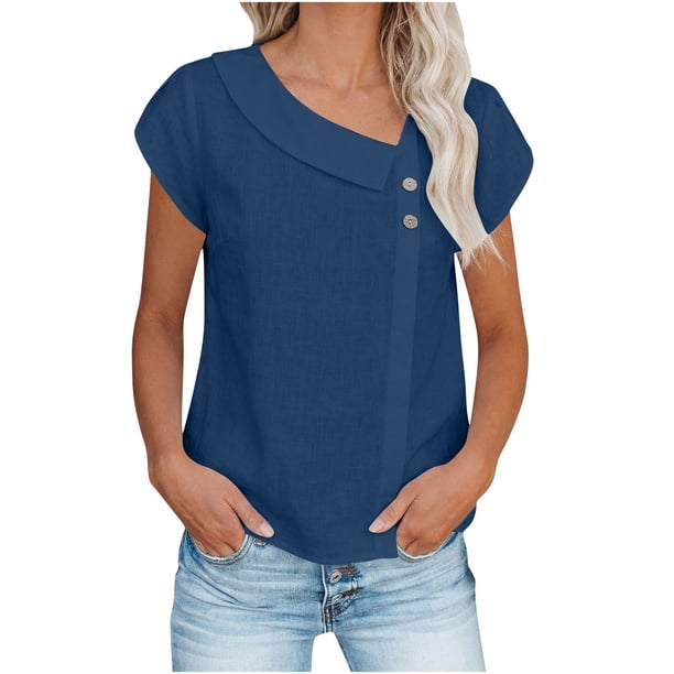 Tops de Color Sólido para las Mujeres Collar Botón Pétalo Manga Blusa Casual con Poliéster Suave, 3/4 Manga Cuello Redondo Top para el Uso Diario de Verano
