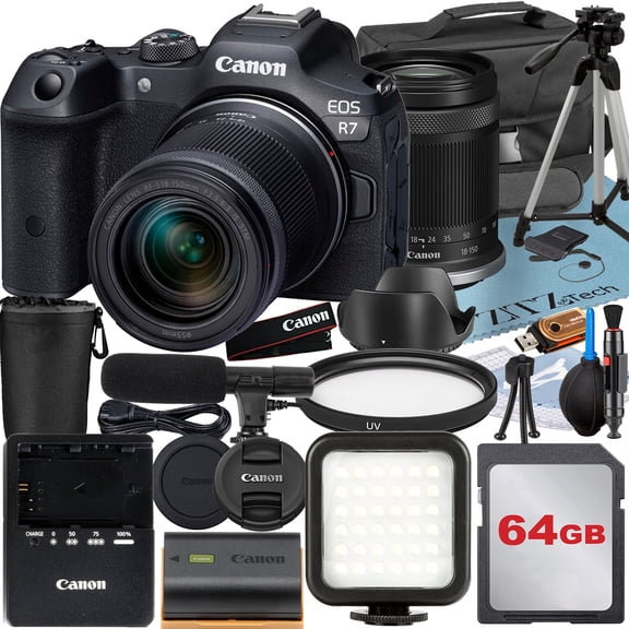 Canon EOS R7 Mirrorless Camera with RF-S 18-150mm Lens   64GB Memory Card   Case   LED Flash   ZeeTech Accessory Bundle (International Version)