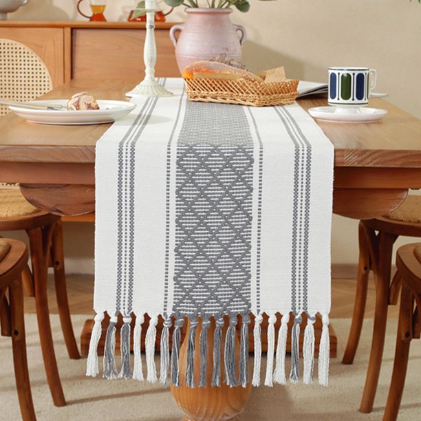 Christmas Table Flag Woven Two Tone Color Splicing Tassel Holiday Decoration Long Tablecloth Home