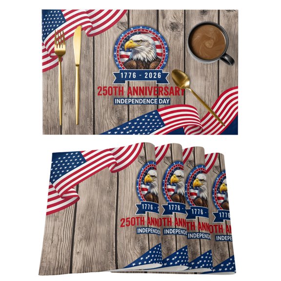 Anniversary Placemats Set of 1, Patriot Eagle USA Flag Independence Day Wood Non-Slip Place Mats Washable Table Mats for Kitchen Dining Table Decorations Indoor/Outdoor