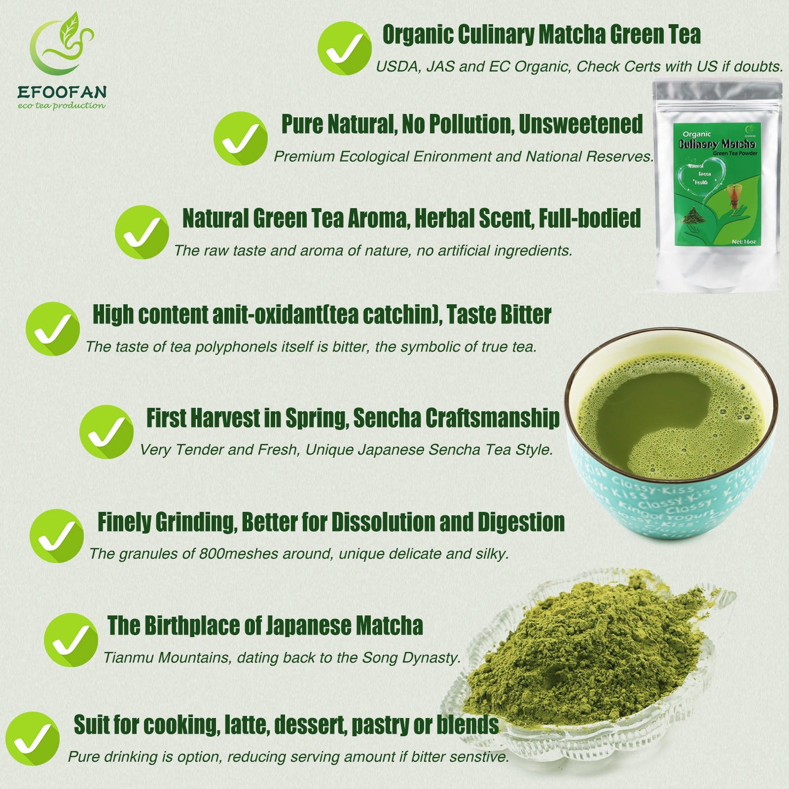Organic Culinary Grade Matcha Green Tea Powder, 454g/16oz, Fit for Cooking, Pastry, Blend by EFOOFAN
