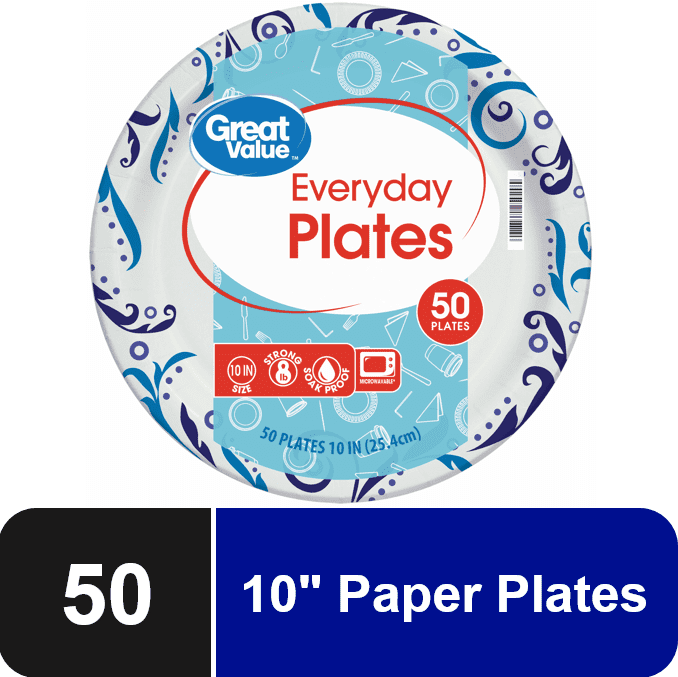 Great Value Everyday Disposable Paper Plates, 10", 50 Count