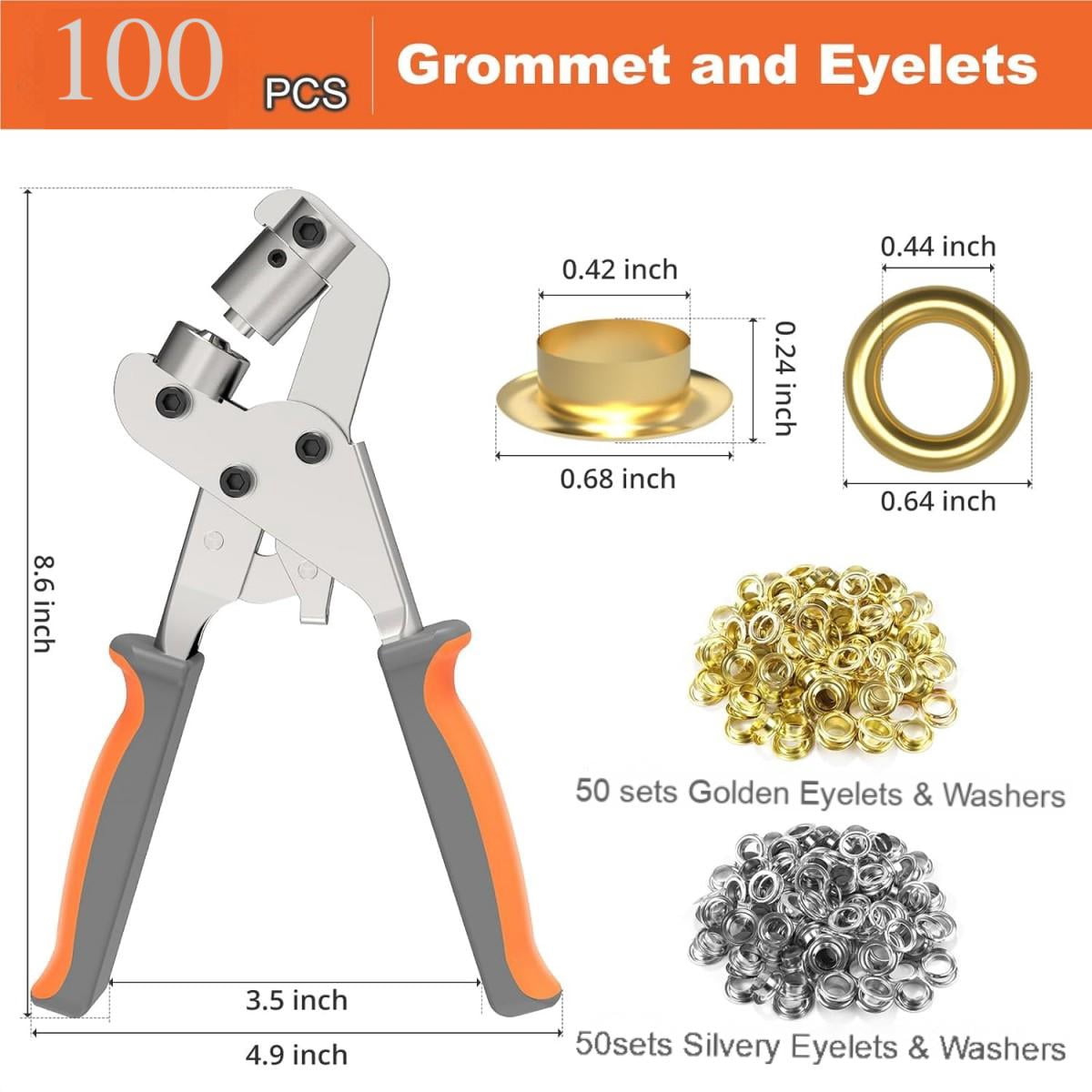 Heavy-Duty 3/8" Grommet Tool Kit with 100 Eyelets,Ergonomic Hand Press, Magnetic Design for Tarps, Leather, Banners & DIY Crafts