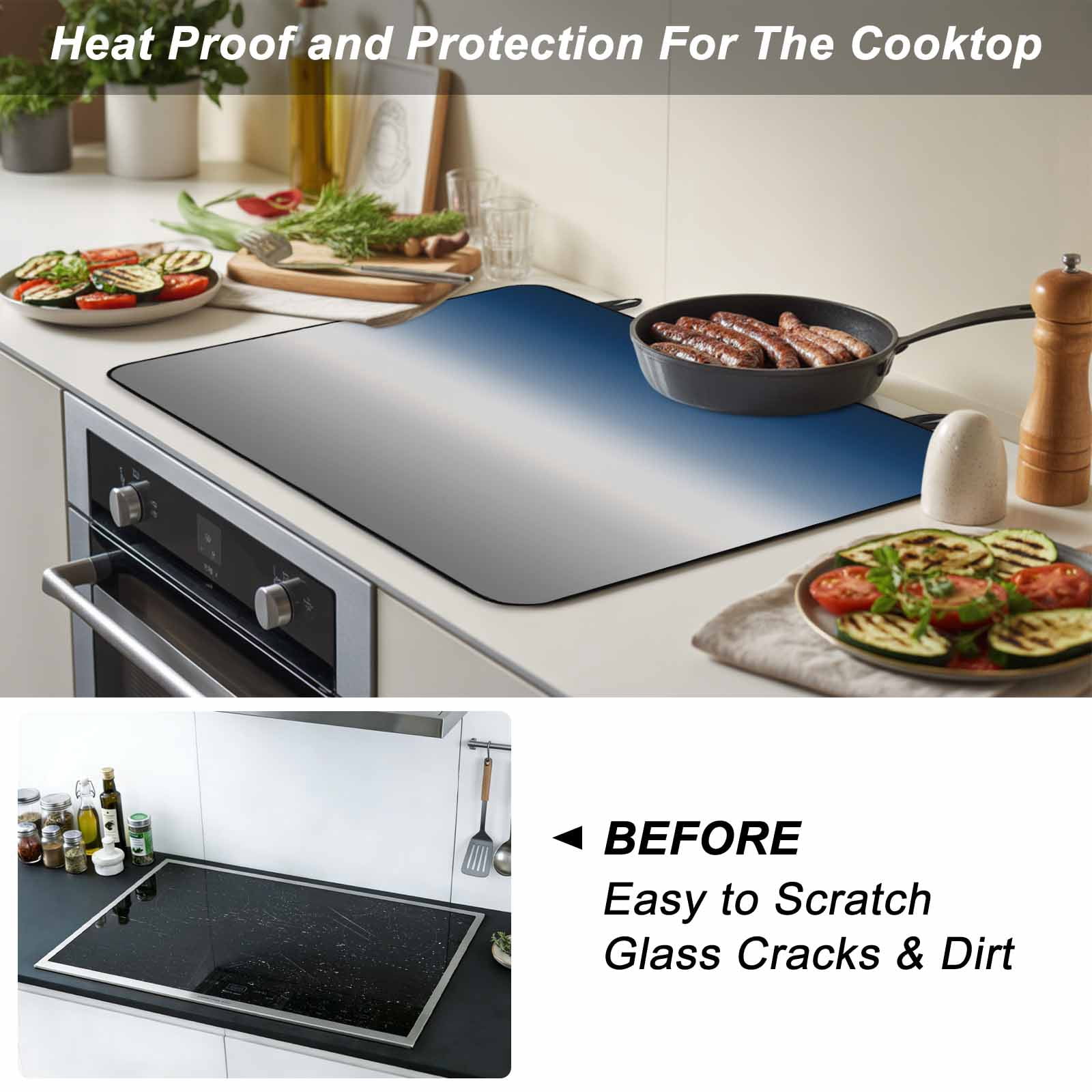 Navy Blue Gray Ombre Stove Top Cover for Electric Stove, Heat-proof & Non Slip Glass Top Stove Cover Protector, Modern Gradient Abstract Art Kitchen Flat Cooktop Rubber Mat 24x21 Inches