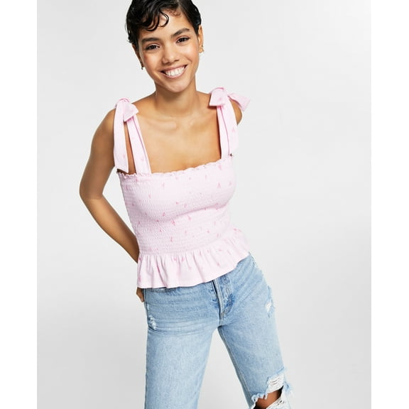 Bar III Cotton Smocked Heart Print Top Hanna Hearts B 2XL