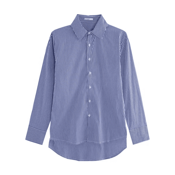 2024 nueva camisa Casual para mujer cómoda Simple a rayas azul y blanco clásico Retro primavera y otoño Top de manga larga