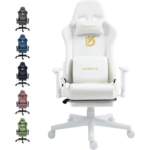 Dowinx Gaming Chair with Suede Fabric, Ergonomic Computer Chair with Massage Lumbar Support and Footrest, High Back Reclining Game Office Chair for Adults, Ivory