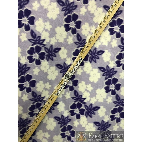 Fleece Printed Fabric HIBISCUS AND LEAVES LAVANDER PURPLE WHITE / 58" Wide / Sold by the yard