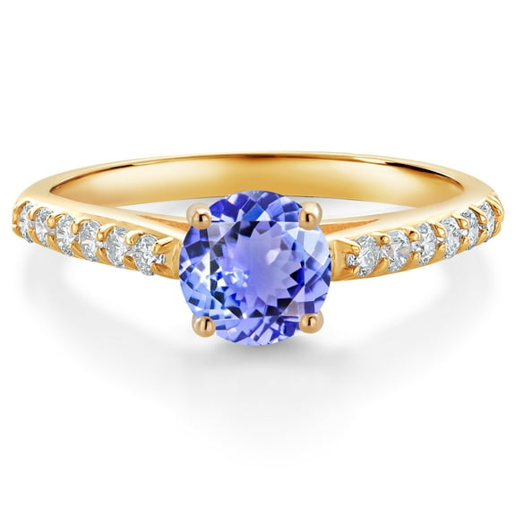Gem Stone King 10K Yellow Gold Blue Tanzanite and White Lab Grown Diamond Engagement Ring for Women (1.08 Cttw, Gemstone December Birthstone, Round 6MM, Size 5)
