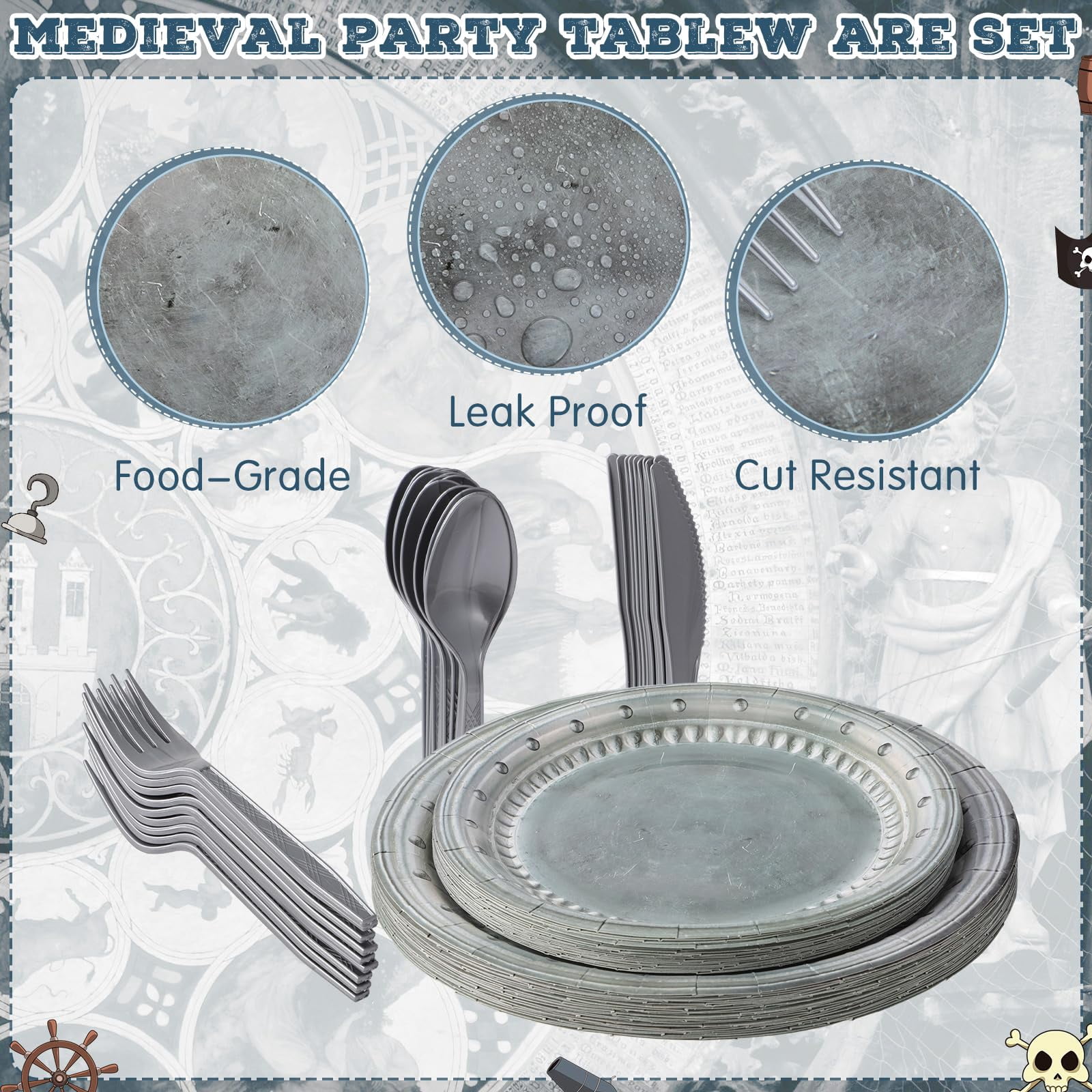Medieval Knight Party Bundle - 38 Piece Set With Plates, Napkins, Tablecover & Dangling Whirls