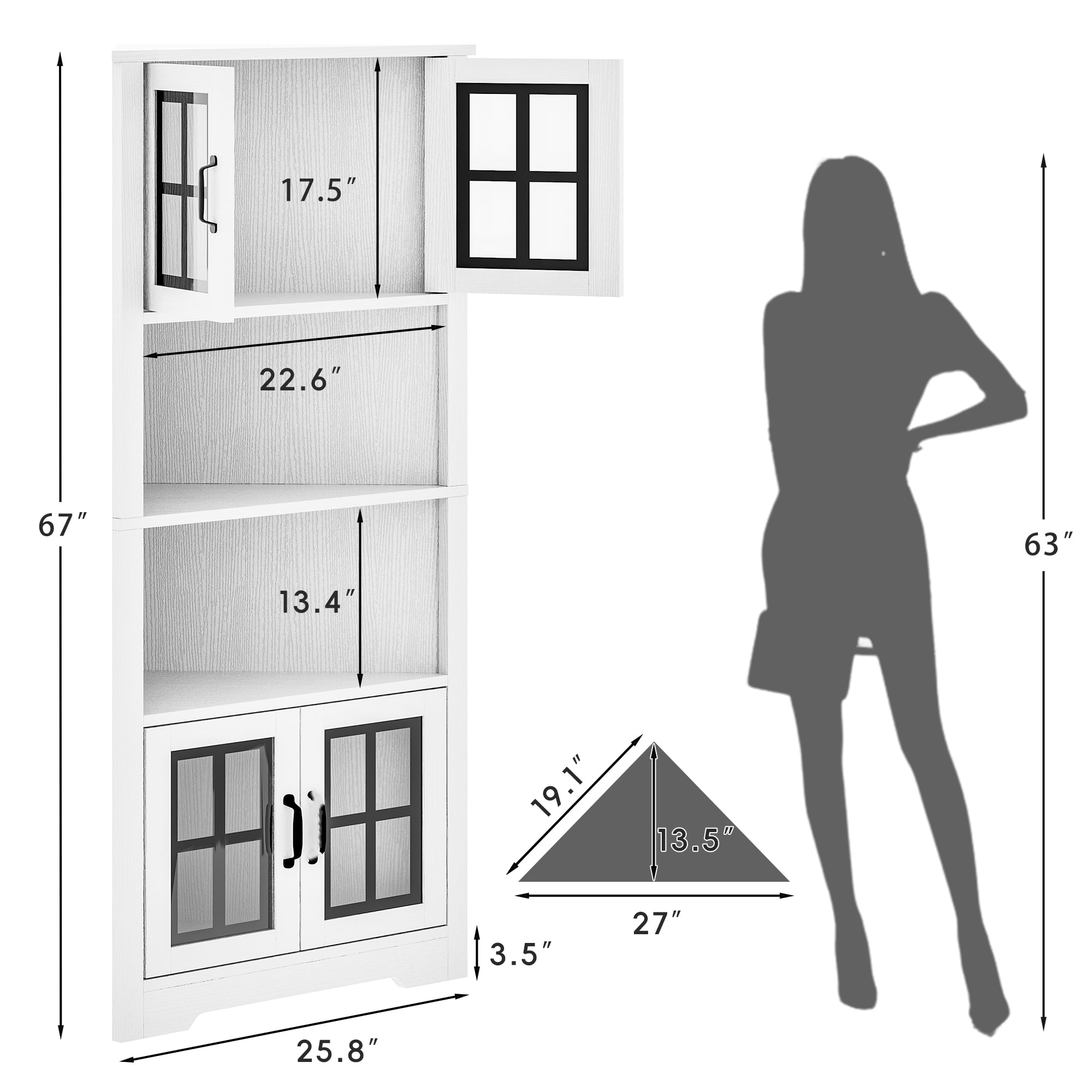 Joywind 67" White Corner Cabinet with LED Lights, Modern Tall Storage Hutch with Glass Doors & Shelves