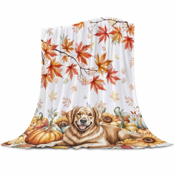 Fall Cute Dog Flannel Blanket for Bed,Travel and Camping, Maple Leaf Pumpkin Sunflower Super Soft Cozy Blanket for All Seasons 50"x60"