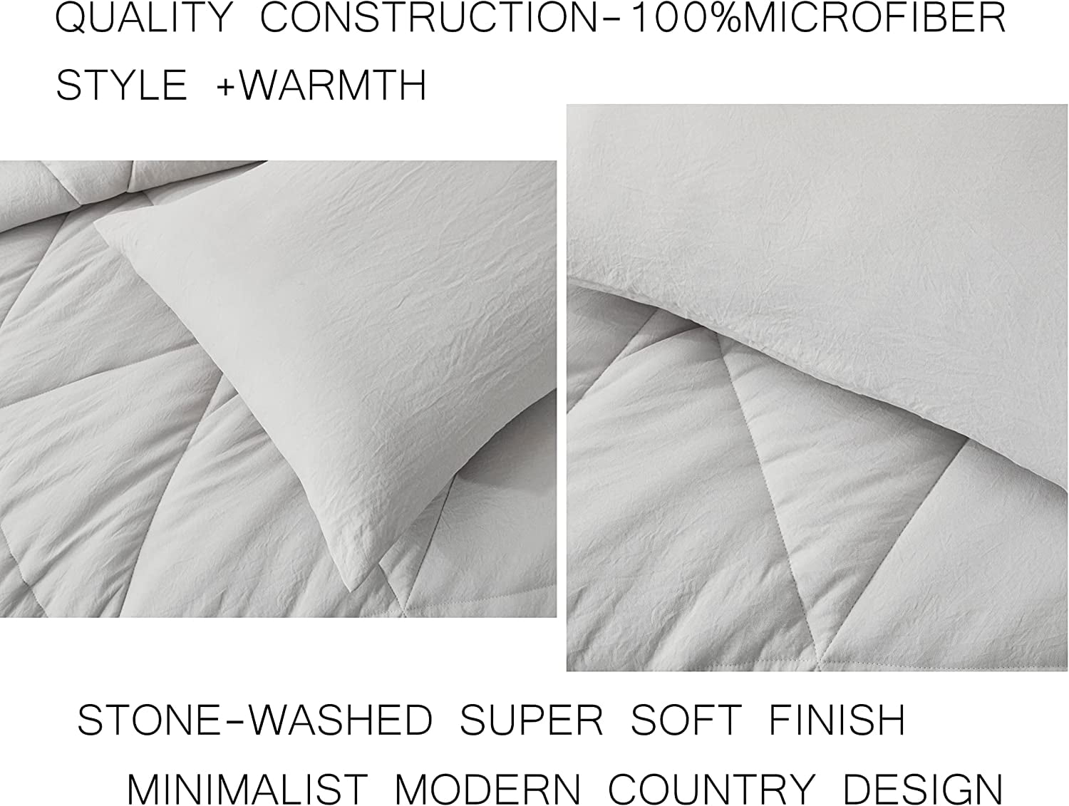 Chezmoi Collection Rory Light Gray Comforter Set King Size 3-Piece Fluffy Soft Lightweight Bedding Triangle Quilted Stone-Washed Microfiber Comforter Set for All Season